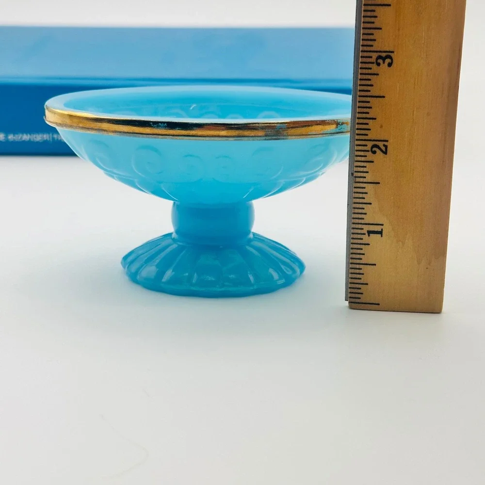Vintage Avon Blue Milk Glass Pedestal Trinket Dish Soap Gold Rim Scroll Pattern